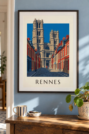 Rennes-Poster mit der Kathedrale Saint-Pierre und ihren Türmen : gerahmt an der Wand