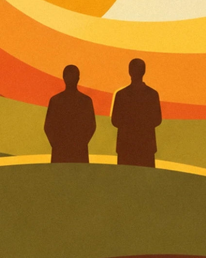 The 2 brown figures behind an olive green band, beneath orange curves
