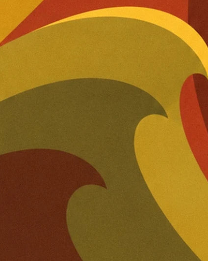 Flowing mustard yellow, olive green and brick red shapes with interlocking curves