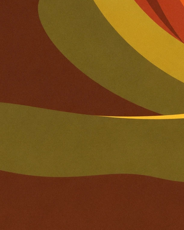 Curving olive green and yellow bands on a reddish brown background