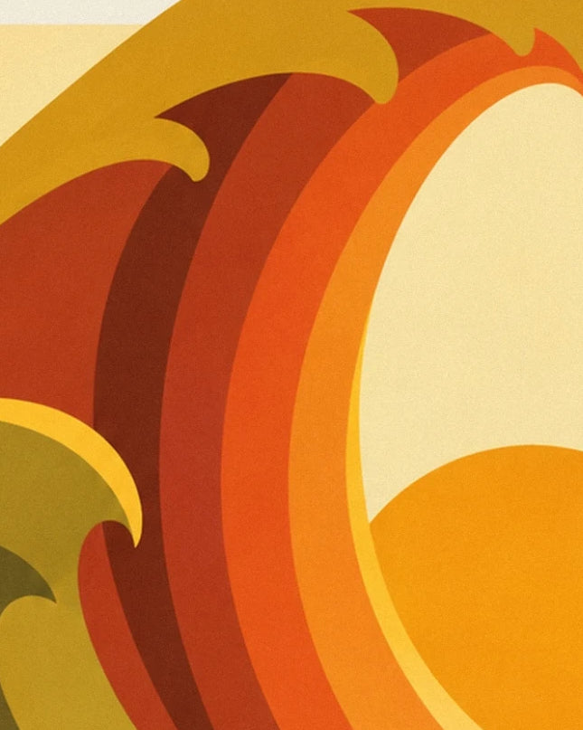 Large red and orange curves edged in yellow around a cream shape