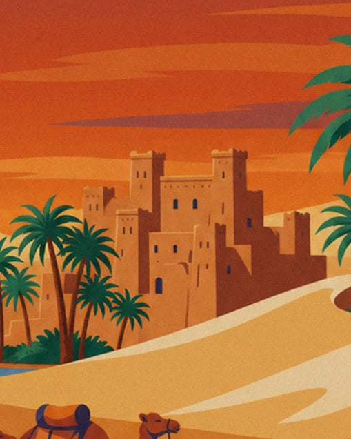 Die ockerfarbenen Türme eines Dorfes in der algerischen Sahara, umgeben von Palmen