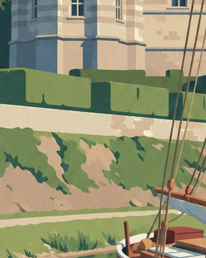 The clipped hedges and grassy slope at the foot of the castle, with the edge of the sailing boat