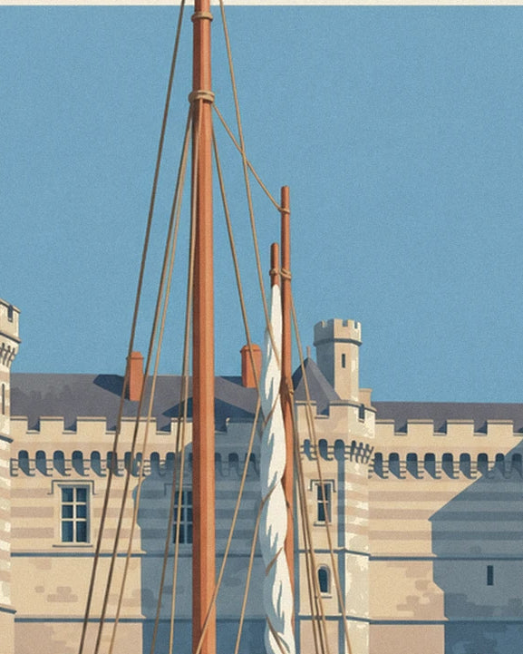 The sailing boat's wooden masts and rigging in front of the castle battlements
