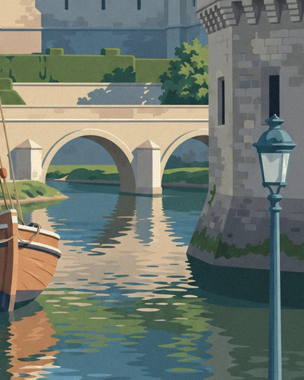 The stone bridge with 2 arches, the castle tower and its blue street lamp beside the water