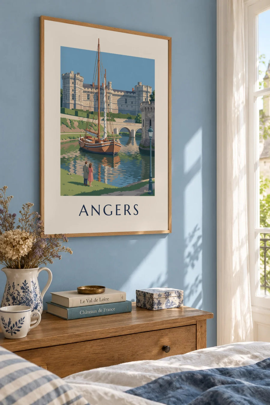 Poster of Angers castle and a sailboat moored on the Maine: framed on the wall