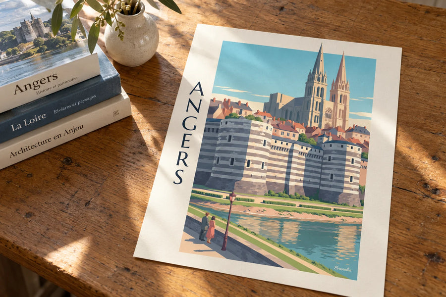 Poster Schloss von Angers und Kathedrale am Ufer der Maine: auf einem Tisch aufgestellt