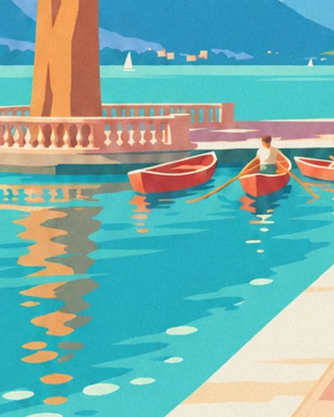 Die roten Ruderboote und der Ruderer auf türkisfarbenem Wasser neben der rosa Balustrade