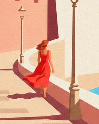 A woman in a red dress and brown hat on the ramparts, between the street lamps