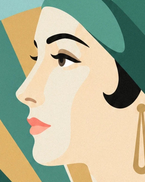 A face in profile with coral lips, framed by a green turban and black hair