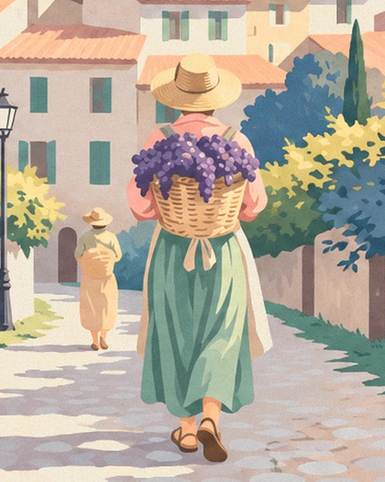 La vendangeuse de dos, sa jupe verte et sa hotte pleine de raisin dans la ruelle
