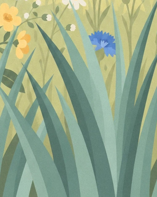 Long, slender green leaves in front of a cornflower and a few yellow flowers