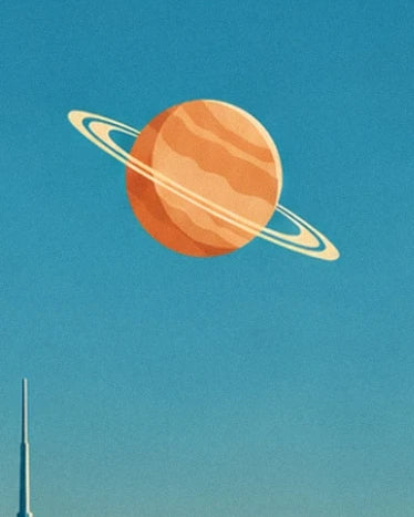 An orange planet with pale bands, surrounded by rings in the blue sky