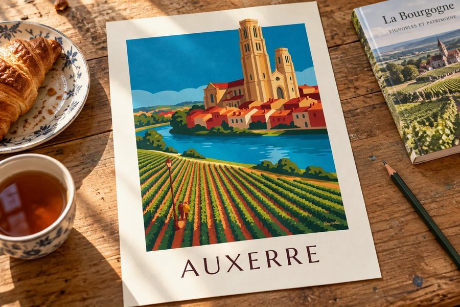 Affiche vignobles d'Auxerre et cathédrale au bord de l'Yonne : posée sur une table