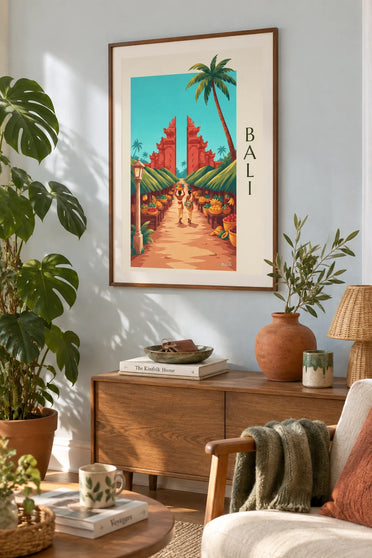 Poster lokaler Markt auf Bali und balinesisches Tempeltor: gerahmt an der Wand