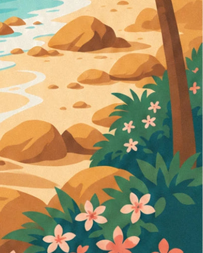Les fleurs roses et le feuillage vert au pied d'un tronc, parmi les rochers dorés de la plage
