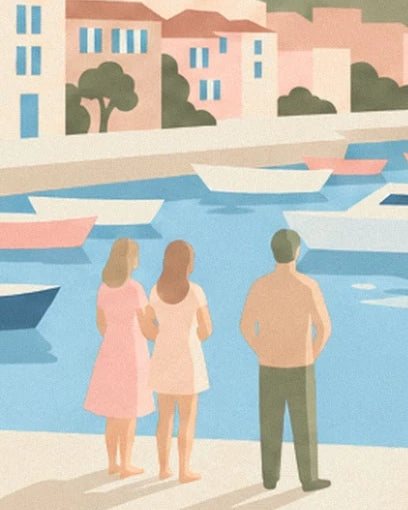 Les 3 personnages de dos sur le quai, face aux bateaux et aux façades pastel