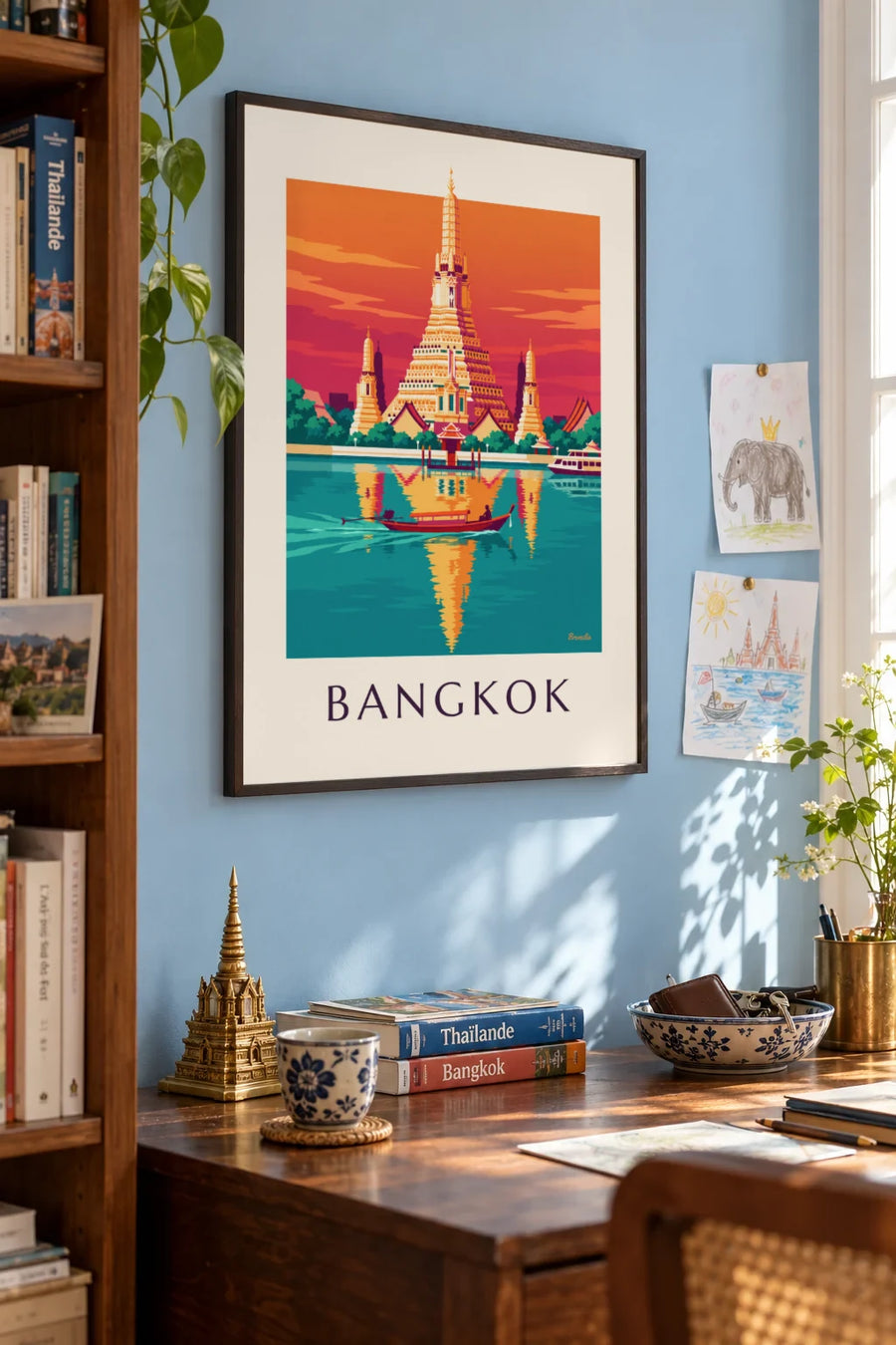 Poster Wat-Arun-Tempel am Flussufer in Bangkok: gerahmt an der Wand
