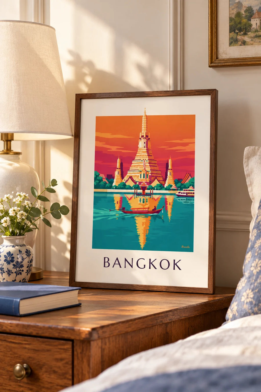 Poster Tempel Wat Arun am Fluss in Bangkok: kleines Format A4 im Rahmen