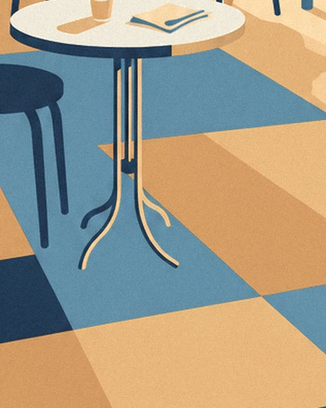 A slender pedestal table and a dark stool on the terrace's blue and ochre paving