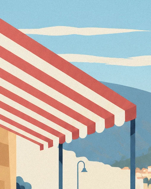 The terrace's red and white striped awning, beneath a pale blue sky