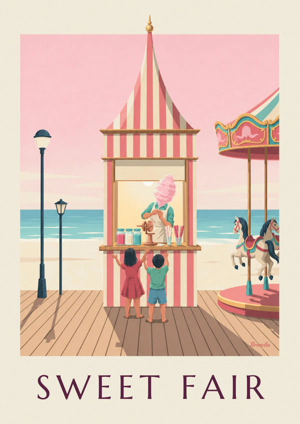 Poster Zuckerwatte-Stand auf einem Jahrmarkt am Meer
