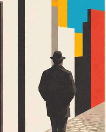 Le passant en manteau et chapeau, de dos, qui longe la façade sur les pavés