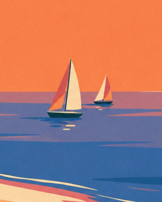 The 2 sailing boats with orange and cream sails on the blue water, beneath the sunset sky