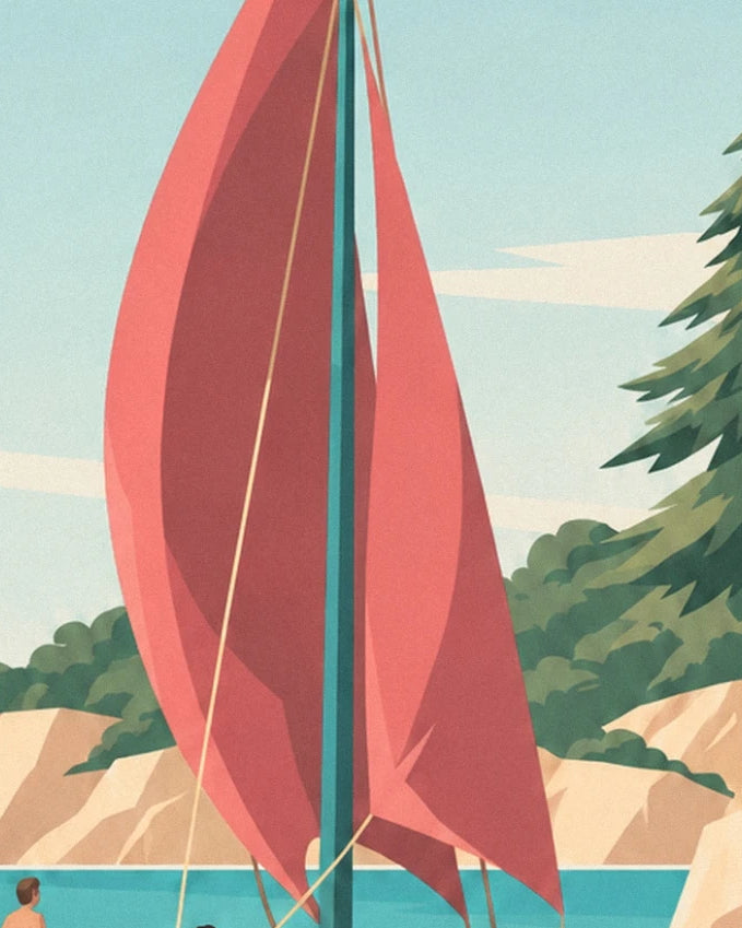Les 2 voiles latines rouges sur leur mât turquoise, devant la crique de pins et de roches