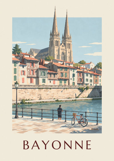 Affiche cathédrale de Bayonne et vélo au bord de la Nive : l'affiche entière