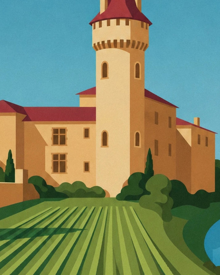 Das goldene Schloss mit rundem Turm und rotem Dach vor Reihen von Weinstöcken