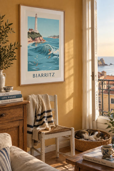Poster Surfer unter dem Leuchtturm von Biarritz an der baskischen Küste: gerahmt an der Wand