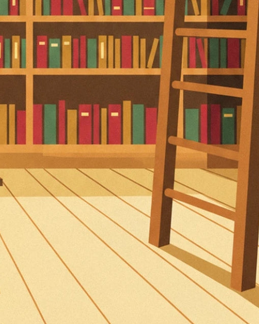 Die Rollleiter auf dem hellen Holzboden, den Bücherregalen zugewandt