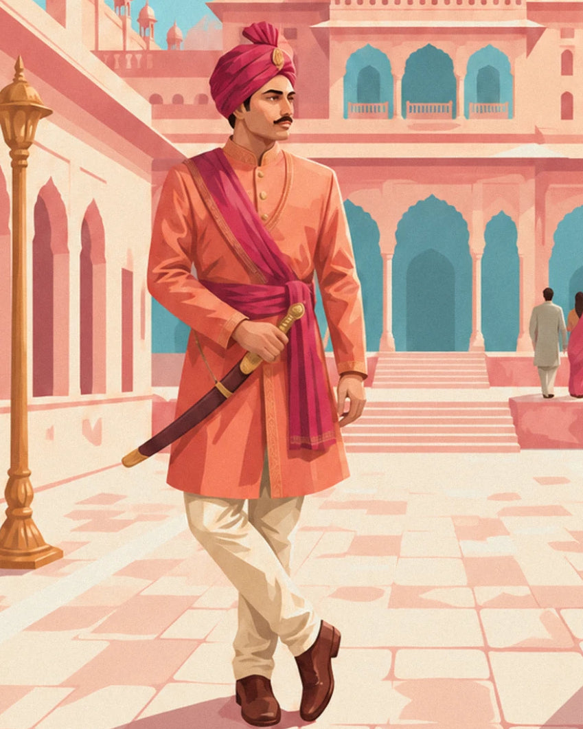 Der Held mit Schnurrbart, rosa Turban und orangefarbener Jacke, den Säbel in der Hand, im Palasthof