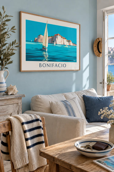 Poster weiße Klippen und Segelboote von Bonifacio auf Korsika: gerahmt an der Wand