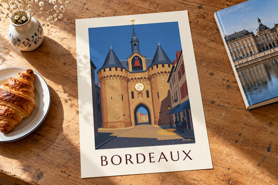 Poster Grosse Cloche von Bordeaux und Café-Terrasse: auf einem Tisch