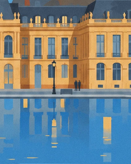 Die ockerfarbenen Fassaden, die 2 Figuren und die Straßenlaterne gegenüber den blauen Spiegelungen