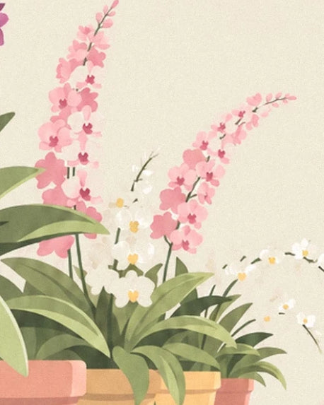 Rosa und weiße Orchideen zwischen grünen Blättern und ockerfarbenen und korallenroten Töpfen