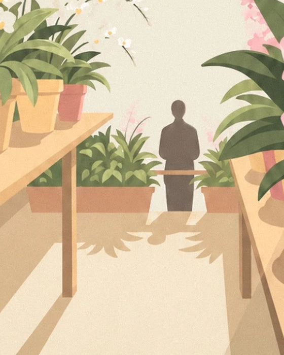 Eine Gestalt am Ende des Gewächshausgangs zwischen den Orchideen in Töpfen