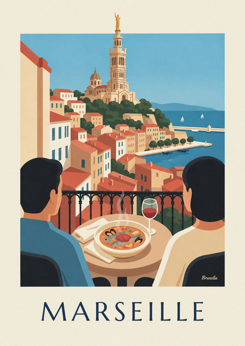 Poster Bouillabaisse auf einer Terrasse am Vieux-Port von Marseille: das ganze Poster