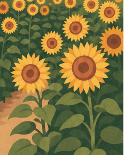 A sea of sunflowers with brown centres, seen close up along the ochre path