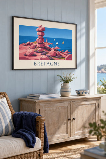 Affiche côte de granit rose, phare et voiliers en Bretagne : encadrée au mur