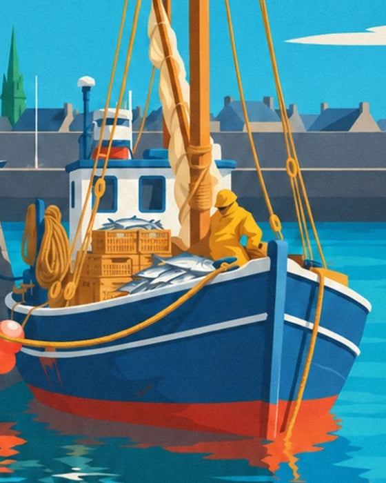 Das blaue Boot mit rotem Rumpf, silbernen Fischen und einem Fischer in gelber Ölhaut