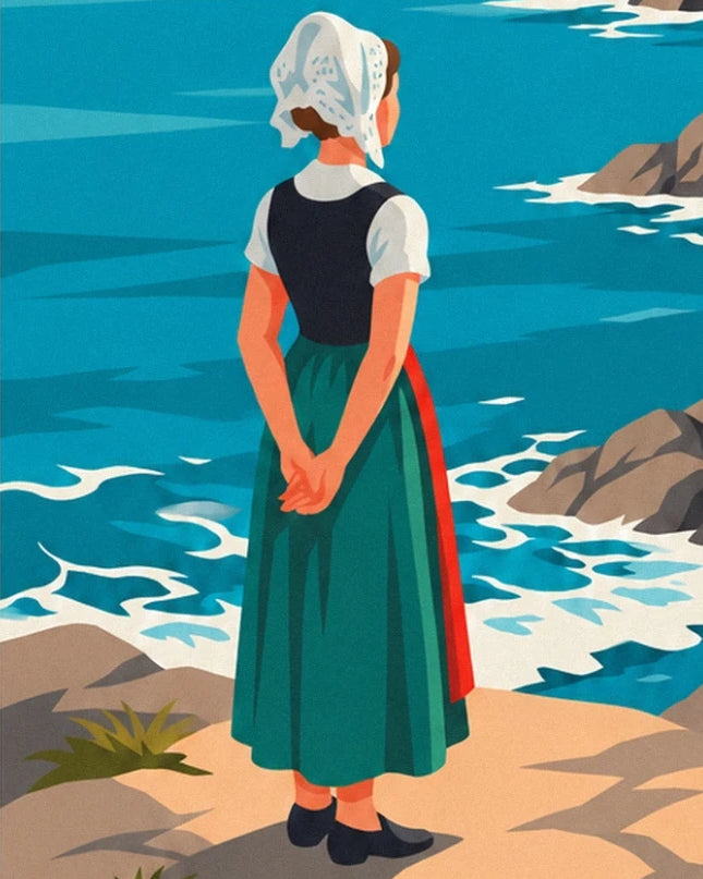 The Breton woman seen from behind in a white headdress and green skirt, facing the turquoise sea