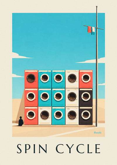 Poster of a grid of 9 colorful washing machines: the full poster