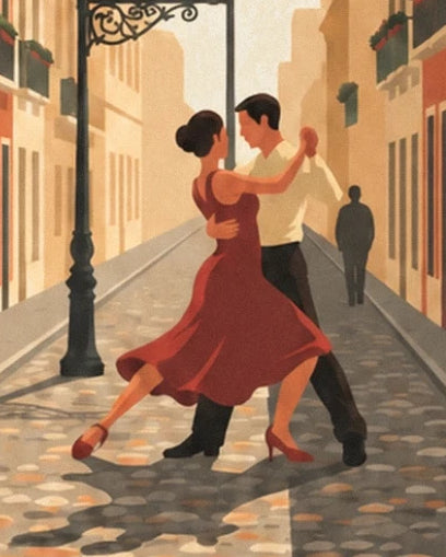 Un couple de tango, robe rouge et chemise claire, dans la rue pavée de San Telmo
