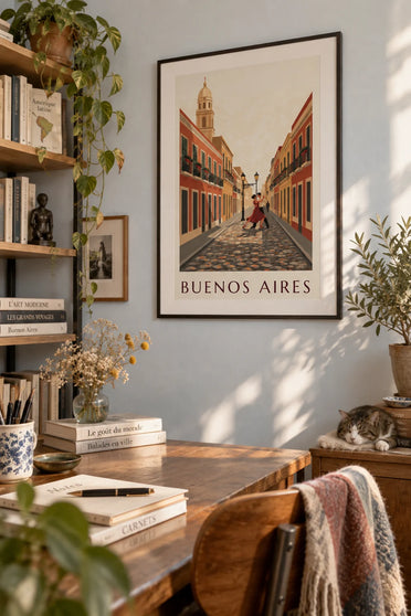 Poster Kopfsteinpflasterstraße in San Telmo in Buenos Aires mit Tangotänzern: gerahmt an der Wand