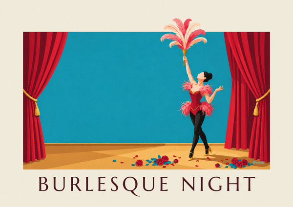 Poster Burlesque-Cabaret-Tänzerin in Korsett und Federn