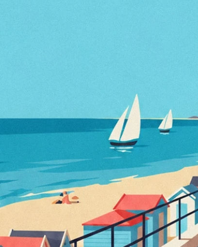 Les 2 voiliers aux voiles blanches sur la mer turquoise, au-dessus des cabines colorées