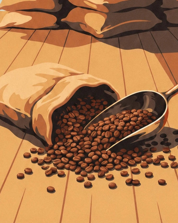Brown coffee beans spilling from the open sack and a scoop on the floorboards